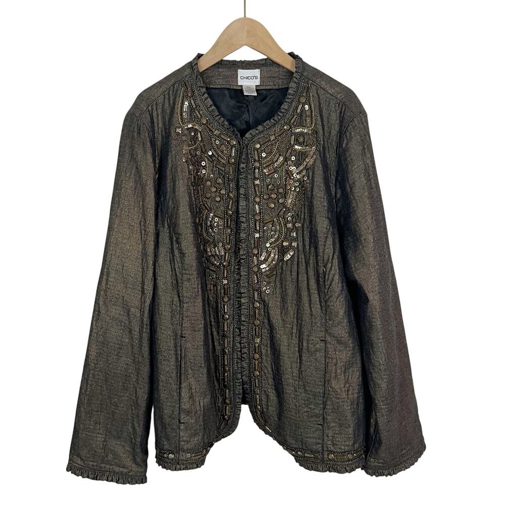 Chico’s Golden Trinket Embellished Metallic Blazer Jacket Size 3 XL
